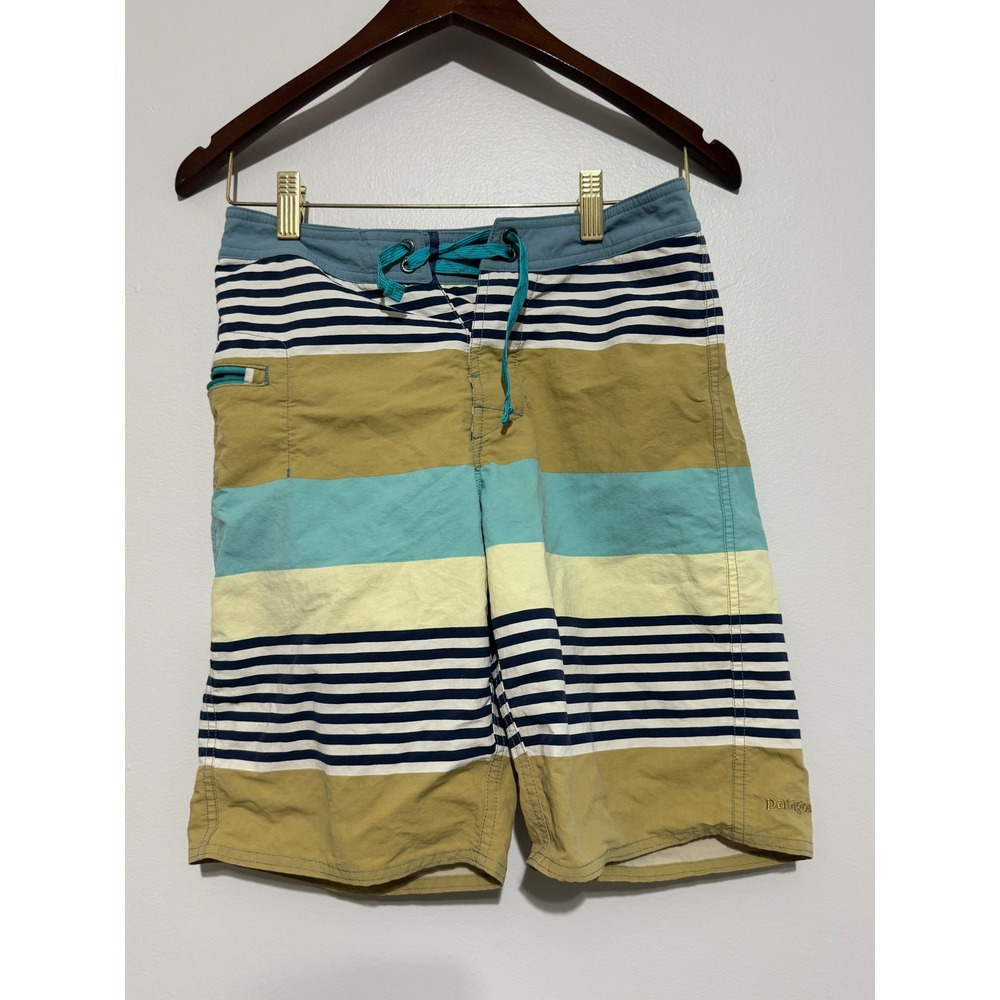 Patagonia Boys NetPlus Recycled Striped Board Shorts Size 14 Tan Teal Navy
